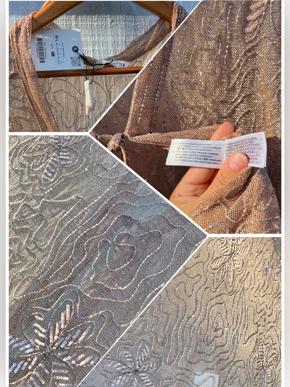 Zara Sequin Beaded Embroidered Kimono Blouse Kaftan Sheer Beige Pink Med - Large - Picture 8 of 16